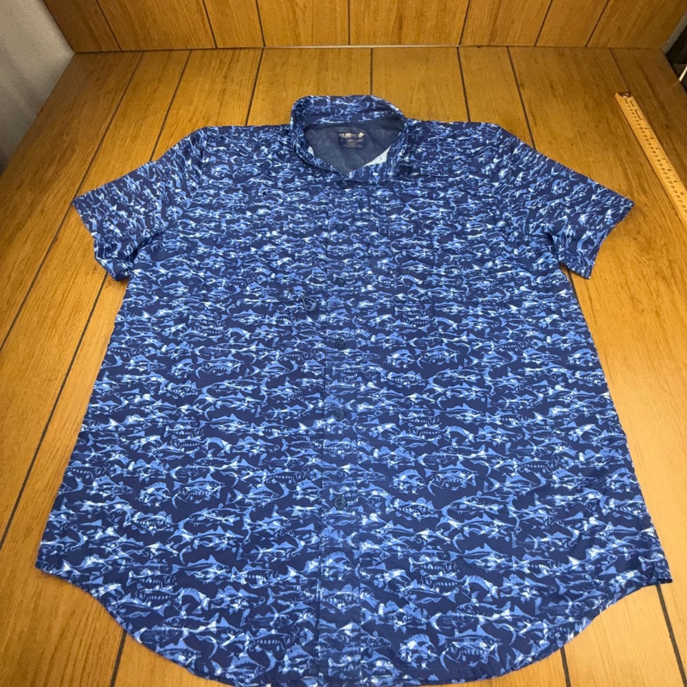 Reel‎ Legends Saltwater II Mens Large Blue Fish Print Fishing Shirt Short Sleeve
